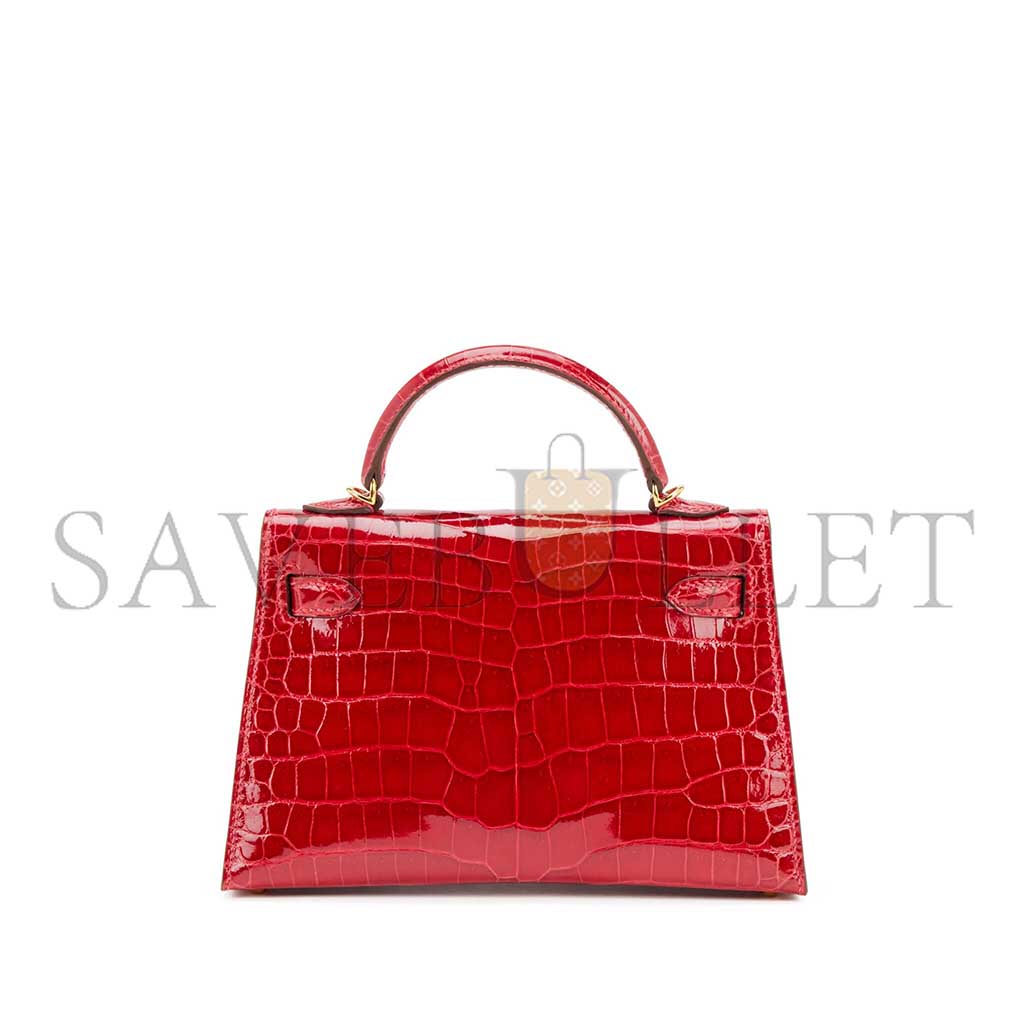 HERMÈS MASTER MINI KELLY II SHINY CROCODILE LEATHER FERRARI RED GOLD BUCKLE (19*12*5.5cm) 